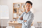 Leadership, portrait and young Asian businessman standing in creative workspace. Success, startup and man with confidence, happiness and motivation in office working in marketing and design career