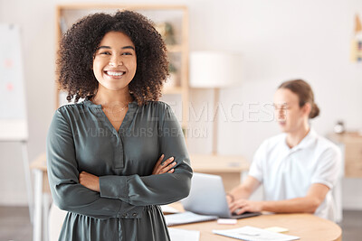 Buy stock photo Business woman, leader and boss with a smile, pride and happiness in corporate office for success, growth and vision. Portrait of black female entrepreneur happy about career choice, mission and goal