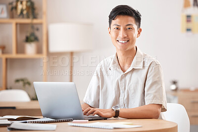 Buy stock photo Freelance, laptop and finance with an asian man in business accounting while doing remote work from home. Internet, accountant and research with a male entrepreneur working on financial documents