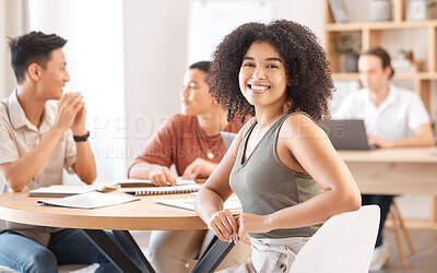 Buy stock photo Teamwork, meeting and portrait of black woman sitting by desk, working and smile in office. Diversity, collaboration and girl with business people in workplace with documents, paperwork and notebooks