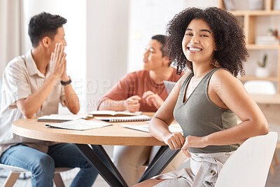 Buy stock photo Business meeting, portrait and black woman in office, workplace or startup company. Vision, motivation and female employee brainstorming or planning marketing growth strategy with coworkers at table.