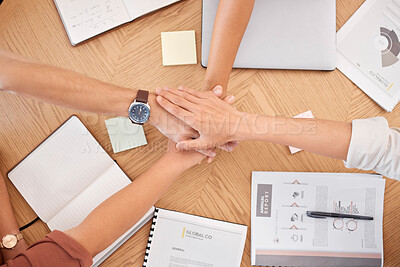 Buy stock photo Teamwork, hands together and business people in meeting for data analysis, planning and project development strategy at table with document or report. Men and women collaboration and motivation group