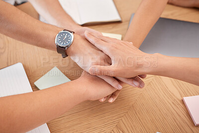 Buy stock photo Hands, teamwork and collaboration of business people in office. Solidarity, unity and team building of workers working together for mission, vision or company goals, targets and success motivation.
