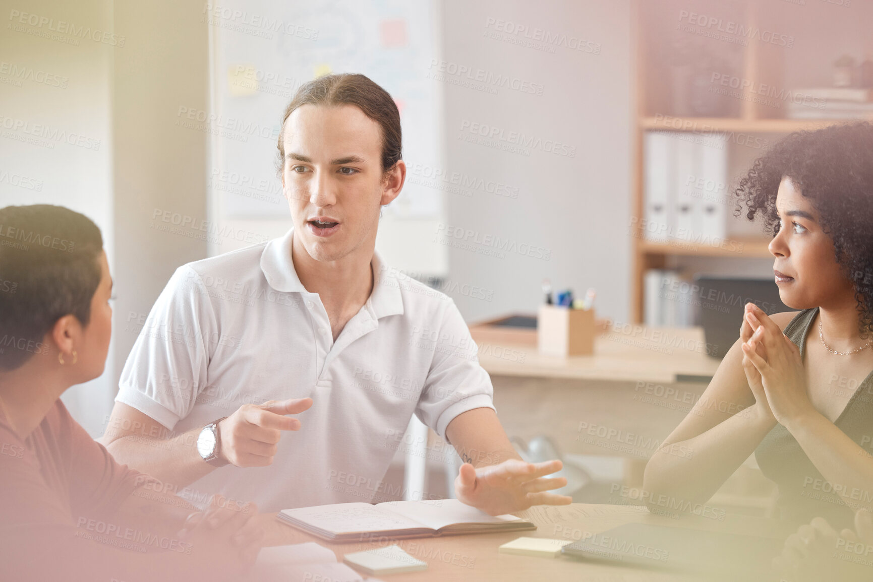 Buy stock photo Idea, brainstorming and team in a meeting for advertising, branding and creative marketing strategy. Diversity, productivity and young employees planning on a project in collaboration in an office