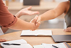 Handshake, meeting and business partnership in office for a company deal, agreement or onboarding. Team, collaboration and people shaking hands for welcome, greeting or thank you gesture in workplace