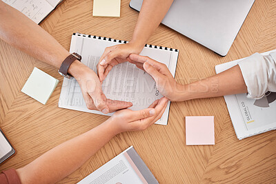 Buy stock photo Corporate synergy, teamwork and hand in circle for employee collaboration in business office for success, solidarity and team building. Company community, corporate staff support and working together