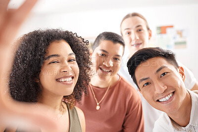 Buy stock photo Happy, smile and business team taking a selfie at a fun team building event or meeting in the office. Diversity, collaboration and portrait of corporate employees taking picture together at workplace