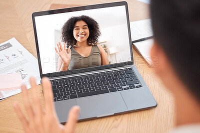 Buy stock photo Business people, laptop and video call on screen with waving for online interview, recruitment or meeting. Woman, happy and welcome on internet seminar, webinar or workshop with video conference 