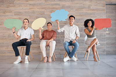 Buy stock photo Feedback, speech bubble and idea with communication and business people with mockup for survey, question and social media. Growth, voice and vote with employee for networking, hiring and recruitment