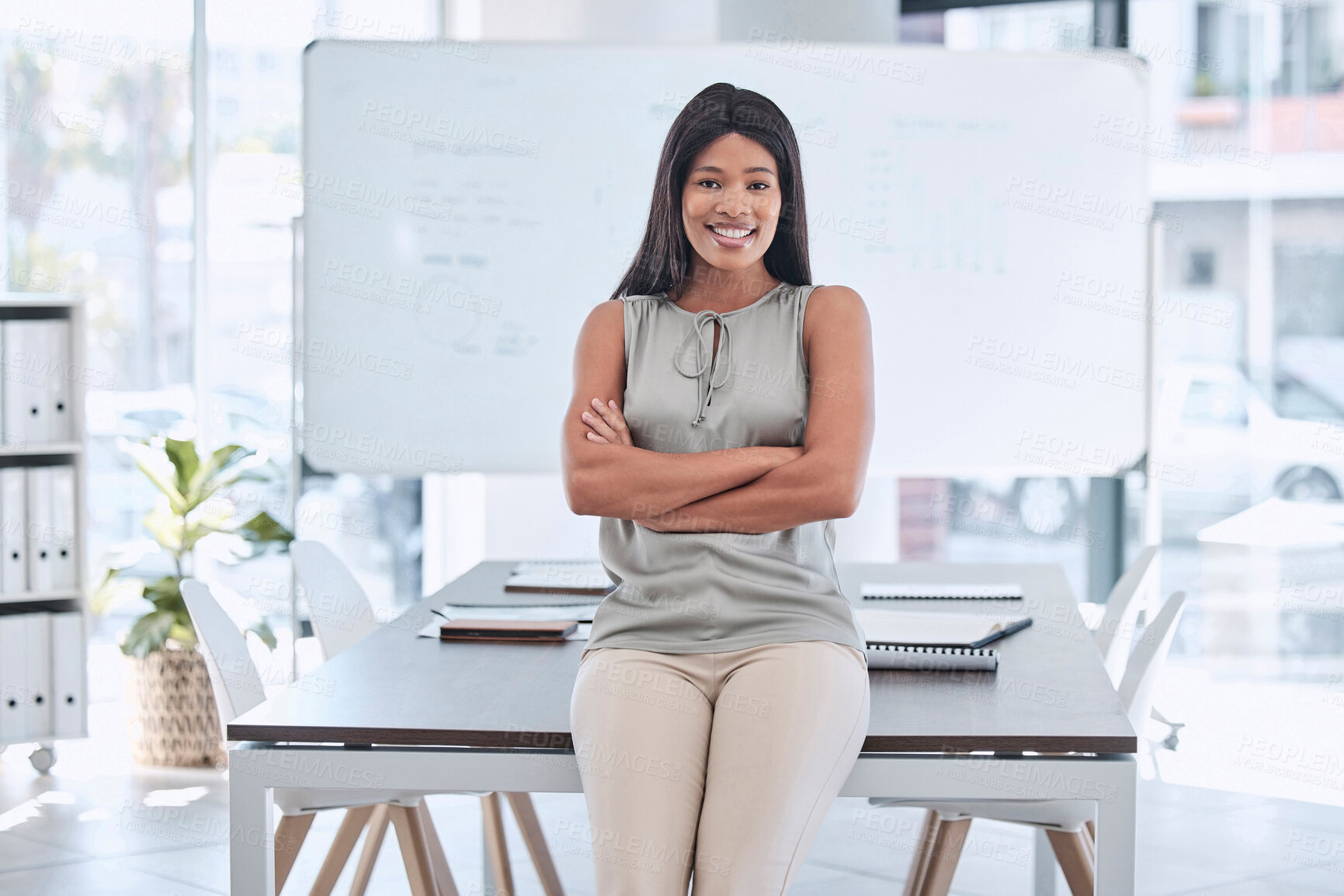 Buy stock photo Corporate, smile and black woman with pride for job in management at a startup marketing company. Happy, executive and portrait of a business woman with arms crossed for success, trust and business
