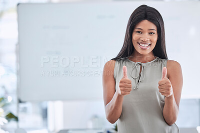 Buy stock photo Business black woman, thumbs up and office portrait mock up for like, project success or career target achievement. Corporate manager, boss or leader with thank you, agreement or support hands sign