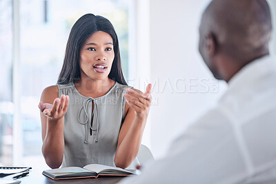 Buy stock photo Business people in interview talking, hiring or job recruitment meeting on a office to discuss career with man and hr manager. Black woman or businessman team work, collaboration and planning at work