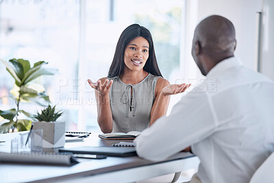 Buy stock photo Job interview, recruitment and black man and black woman talking, having conversation and discussion. Management, boss and woman in business meeting with man for job, employment and hiring in office