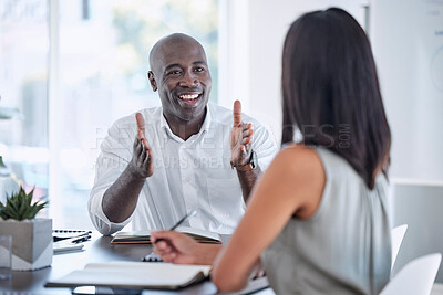 Buy stock photo Collaboration, teamwork and business people meeting for kpi review, project development update and office b2b communication. Corporate black man talking to woman client or employee on job negotiation