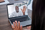 Business people wave hello on laptop screen, video call and online meeting with employee in company office. Happy black man talking to worker in computer webinar, digital network or global conference