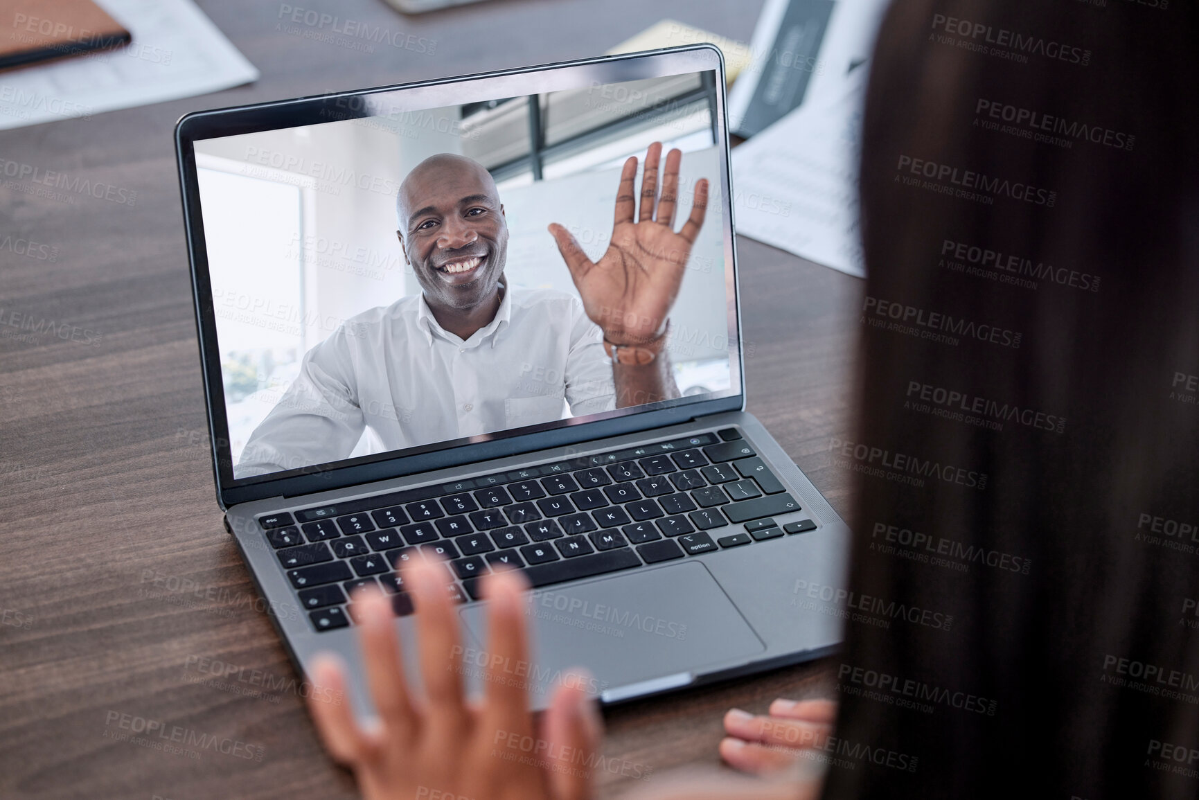 Buy stock photo Business people wave hello on laptop screen, video call and online meeting with employee in company office. Happy black man talking to worker in computer webinar, digital network or global conference