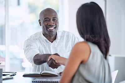 Buy stock photo Business people, handshake and meeting for partnership, b2b or collaboration with smile at office. Employee workers shaking hands for business deal, agreement or company recruitment at the workplace