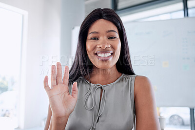Buy stock photo Online meeting, video call and business woman in office planning a virtual group project. Portrait, wave and professional African employee greeting on corporate video conference, webinar or workshop.