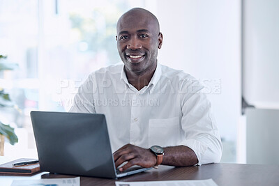 Buy stock photo Ceo, black man and portrait at office laptop with smile working on report for marketing company. Professional corporate worker at workplace desk with document for project development.

