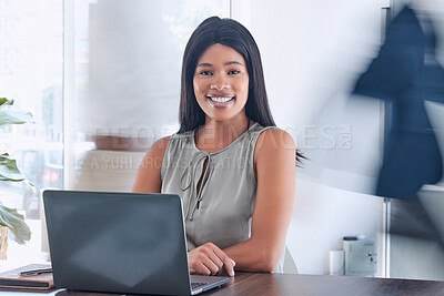 Buy stock photo Black woman, business laptop and portrait in busy office typing email, report or research. Happy, smile and female in company workplace on computer working, writing proposal or sales growth strategy.