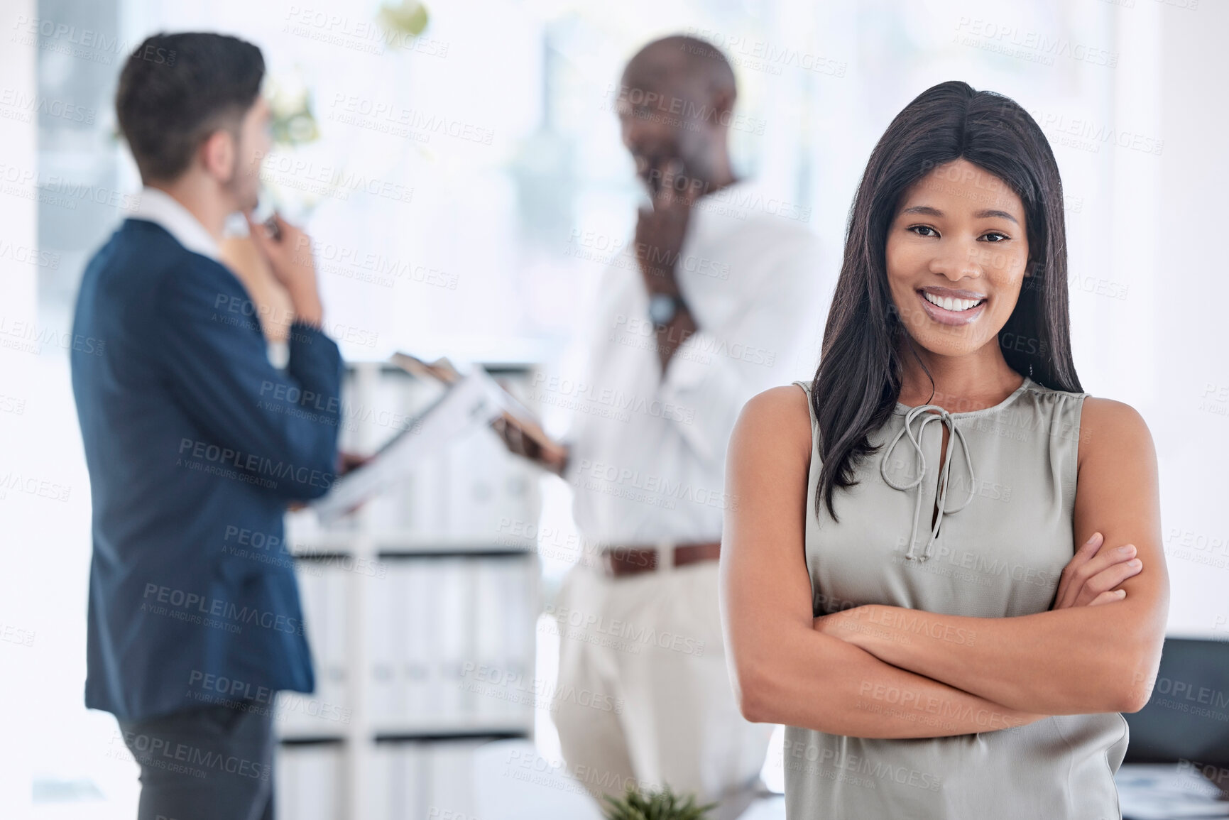 Buy stock photo Leadership, black woman and pride of corporate leader happy about business success, goal and career choice in an office. Female entrepreneur, boss or manager with arms crossed for growth development