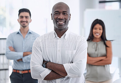 Buy stock photo Black man, leader and team collaboration with pride portrait,  leadership in workplace and solidarity. Community in office, diversity and working together with trust, teamwork and corporate unity.