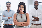 Black woman in business, team leader in office with staff and confident corporate portrait in Toronto company. Employee success management, we are hiring diversity group and hr onboarding workers