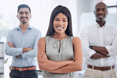 Buy stock photo Black woman in business, team leader in office with staff and confident corporate portrait in Toronto company. Employee success management, we are hiring diversity group and hr onboarding workers