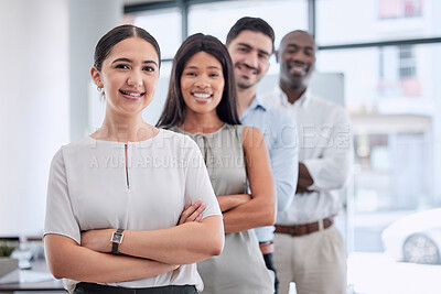 Buy stock photo Pride, teamwork and portrait of business people in corporate with smile for partnership, collaboration and trust at work. Support, diversity and employees with arms crossed at a startup in a line