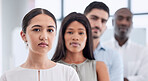 Portrait, team and business people in line for collaboration, support and partnership in a global company. Diversity, men and young women employees after a meeting for a startup in an office building