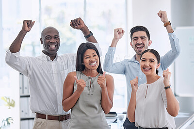 Excited business people, teamwork celebration and motivation, success and winning goals in office. Portrait of happy, diversity and employee collaboration, fist and deal, bonus and winner staff group