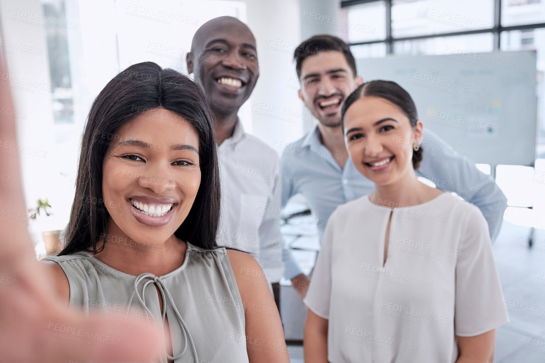 Buy stock photo Happy, selfie and office team friends together in workplace pose for social media photograph. Smile, happiness or trust of business people or staff people in corporate business with company diversity