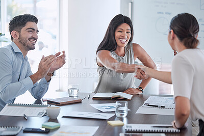 Buy stock photo Partnership, applause and handshake by business people in support of collaboration, b2b and startup success. Job interview, hand shake and recruitment leader black woman hiring, employee and contract