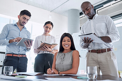 Buy stock photo Black woman, leader and training business people writing, planning and working in office. Portrait, business woman and coaching with mentor business meeting for team sharing goal, vision and strategy