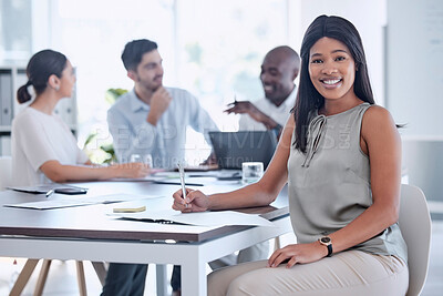 Buy stock photo Meeting, corporate and portrait of a business woman planning a project with her team in the office. Happy, smile and professional African employee working on a company strategy in the workplace.