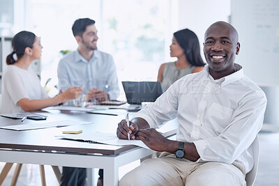 Buy stock photo Happy, portrait and business man in meeting for planning, strategy and goal in office with diverse colleagues. Business meeting, leader and business people discussing growth, mission and documents 