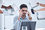 Businessman stress, headache and office chaos, anxiety and sad in crazy, busy and frustrated company. Burnout, deadline and poor time management, worker challenge and mental health, crisis or mistake