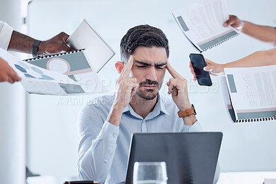 Buy stock photo Businessman stress, headache and office chaos, anxiety and sad in crazy, busy and frustrated company. Burnout, deadline and poor time management, worker challenge and mental health, crisis or mistake