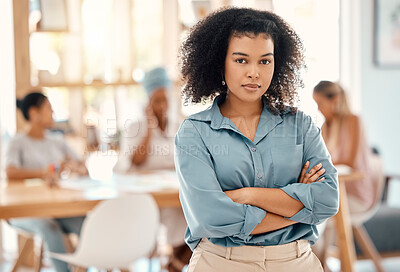 Buy stock photo Leadership, black woman and leader in office, proud and manager of business meeting with women. Vision, goal and business woman with idea for innovation, motivation or startup planning with employees