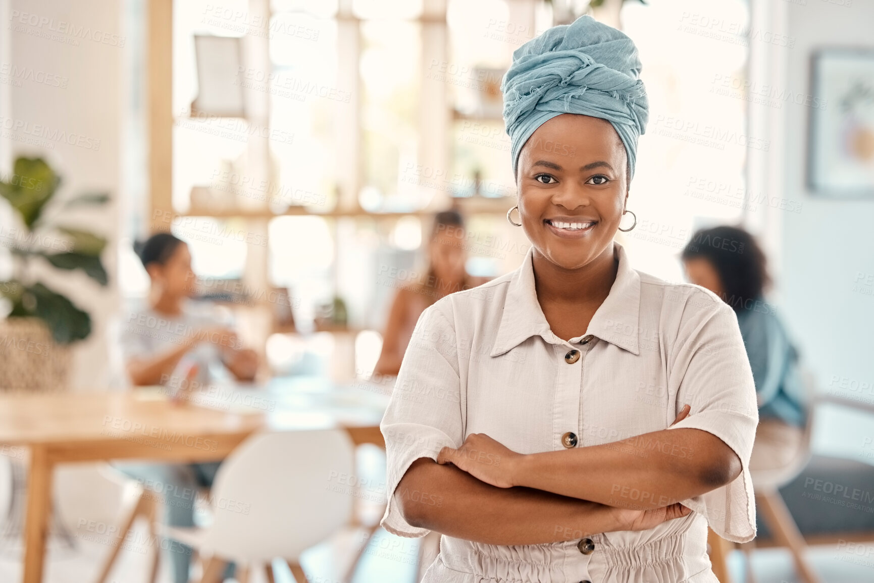 Buy stock photo Black woman, leader and smile with crossed arms, success with business and happy with startup company, career growth and in office. African American lady, manager and confident leadership and pride.