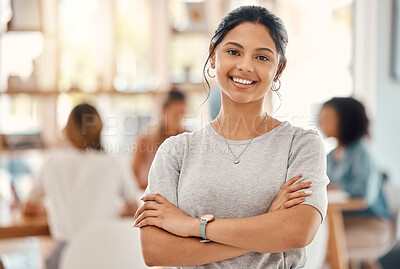 Buy stock photo Business woman, designer and portrait of happy employee working, arms crossed and marketing agency, startup and creative company. Smile, happiness and young employee internship at advertising agency 
