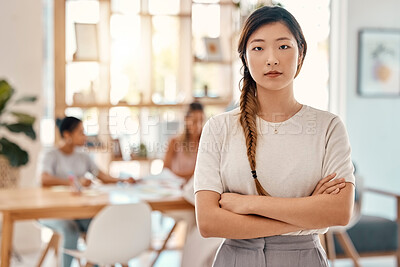 Buy stock photo Portrait, leadership and meeting with an asian woman in business standing arms crossed in a boardroom. Confident, leader and planning with a young female employee ready for strategy or training