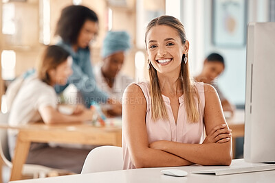 Buy stock photo Portrait of woman manager smile or happy with company development, leadership and management in a office. Team leader with arms crossed in marketing and advertising meeting at a startup office 