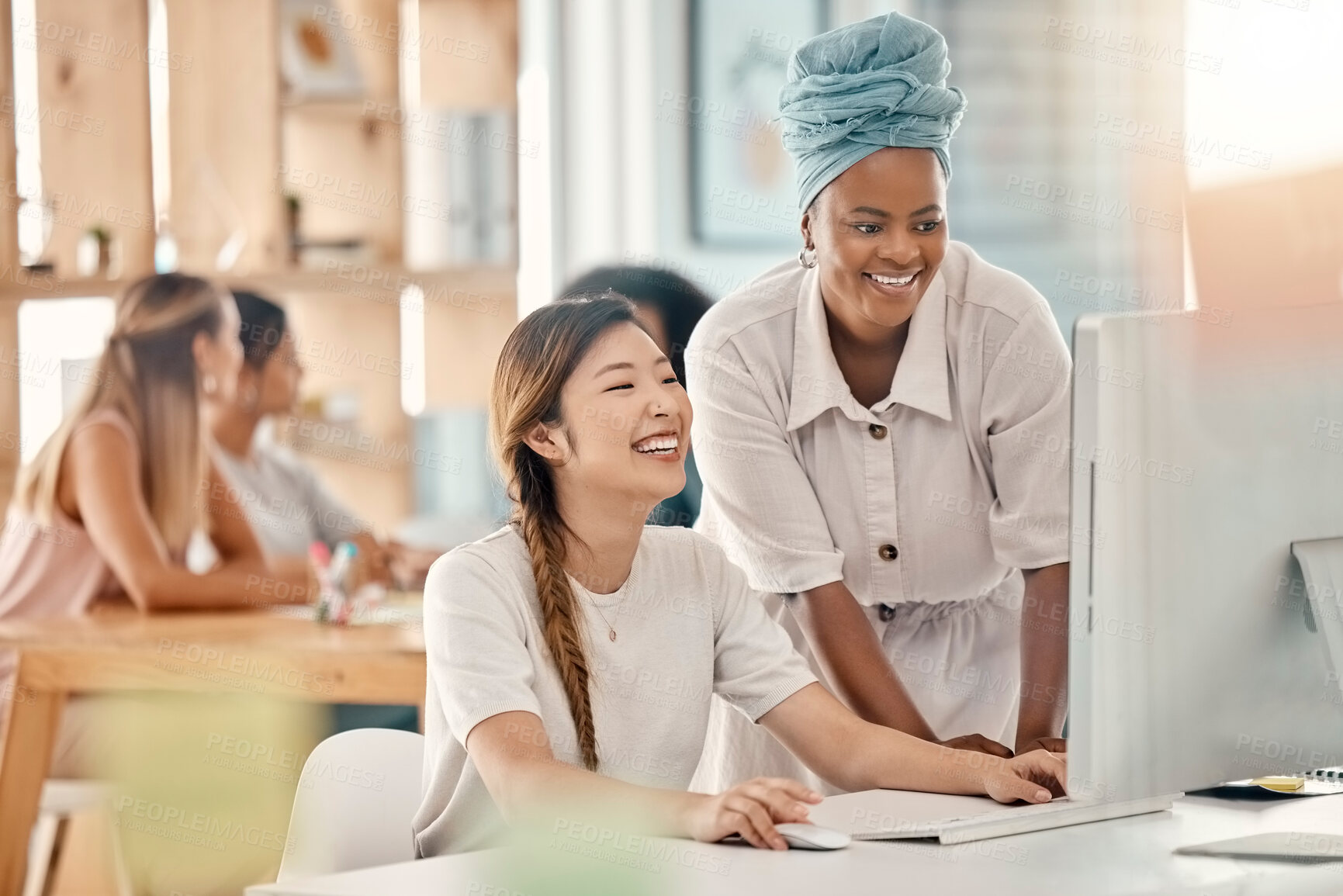 Buy stock photo Diversity, help or training at computer in web design company office brainstorming idea with smile. Asian, black woman and interracial webdesign employees working on ux project in workplace.