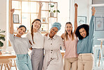 Empowerment, success and portrait of group of women celebrating achievement, win and victory in startup. Teamwork, diversity and businesswomen in celebration with hands in air in creative workspace
