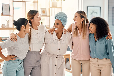 Buy stock photo Happy business people, women empowerment and diversity team, collaboration and motivation, employee engagement and support in startup office. Laughing group, female friends and marketing agency staff