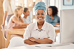 Computer, office and business black woman in portrait for leadership, trust and staff management at marketing agency. Desktop technology, website and online corporate manager happy with her career