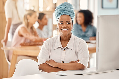 Buy stock photo Computer, office and business black woman in portrait for leadership, trust and staff management at marketing agency. Desktop technology, website and online corporate manager happy with her career