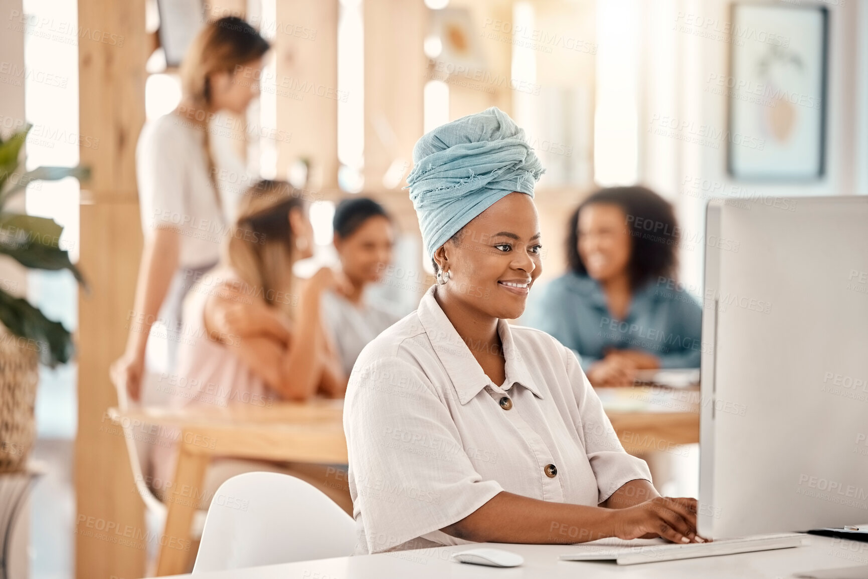 Buy stock photo Business, black woman and computer planning for digital marketing agency, seo research and internet analysis at office desk. Happy african employee working on desktop pc, reading email and analytics 