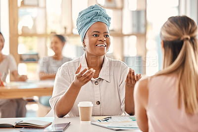 Buy stock photo Business women, planning and strategy for marketing and advertising project while discuss company startup project. Black woman and employee with teamwork, collaboration and conversation on business
